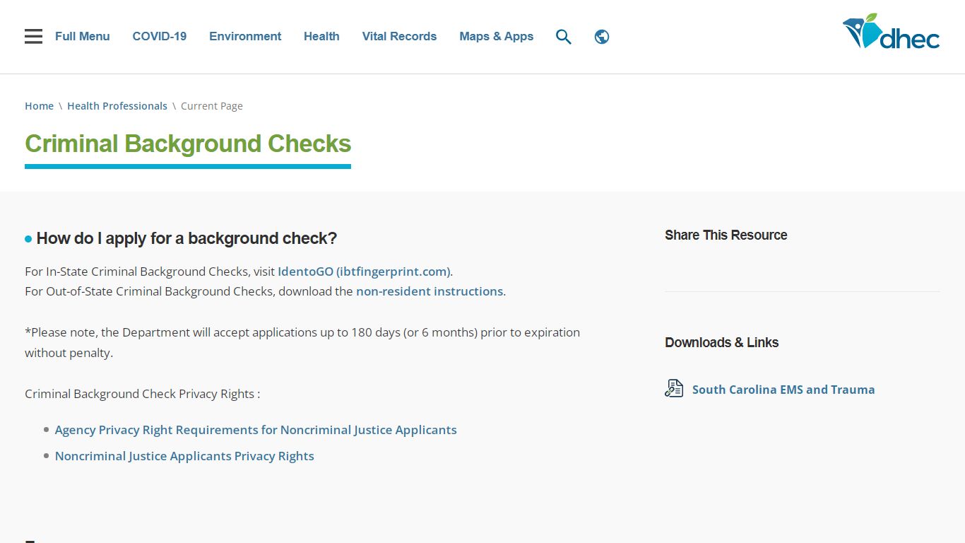 Criminal Background Checks | SCDHEC